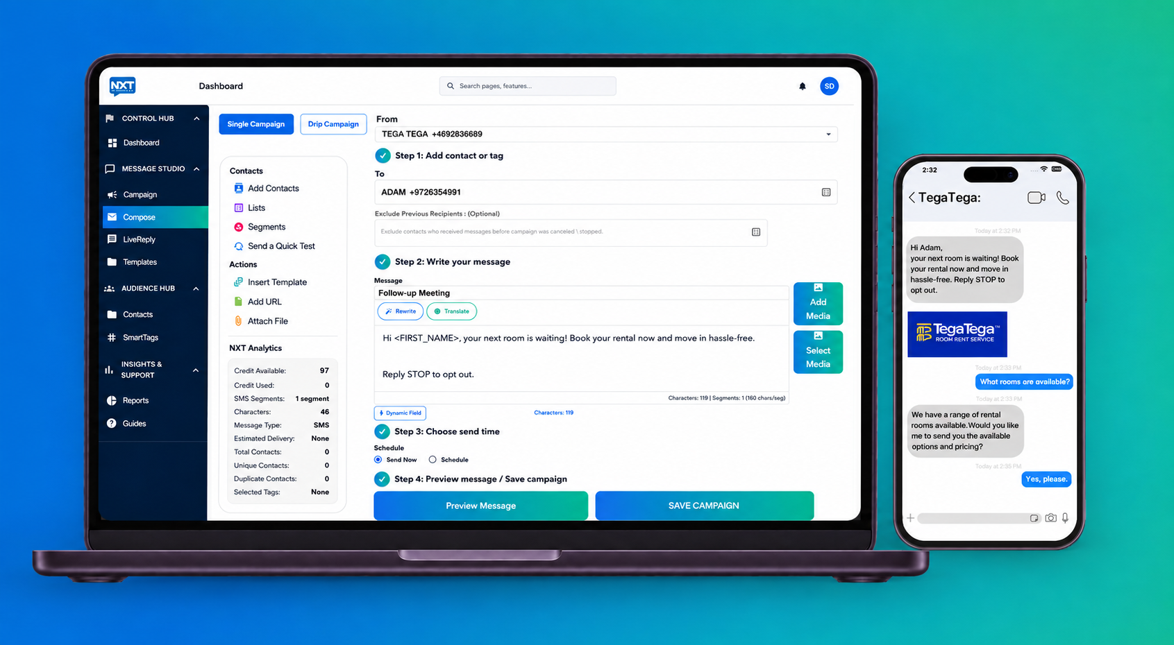 SMSNXT dashboard and mobile messaging preview showing campaign creation and customer conversation